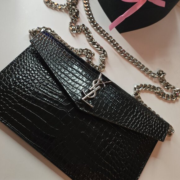 YSL Handbags - Saint Laurent Uptown Croc Effect Leather Poutch